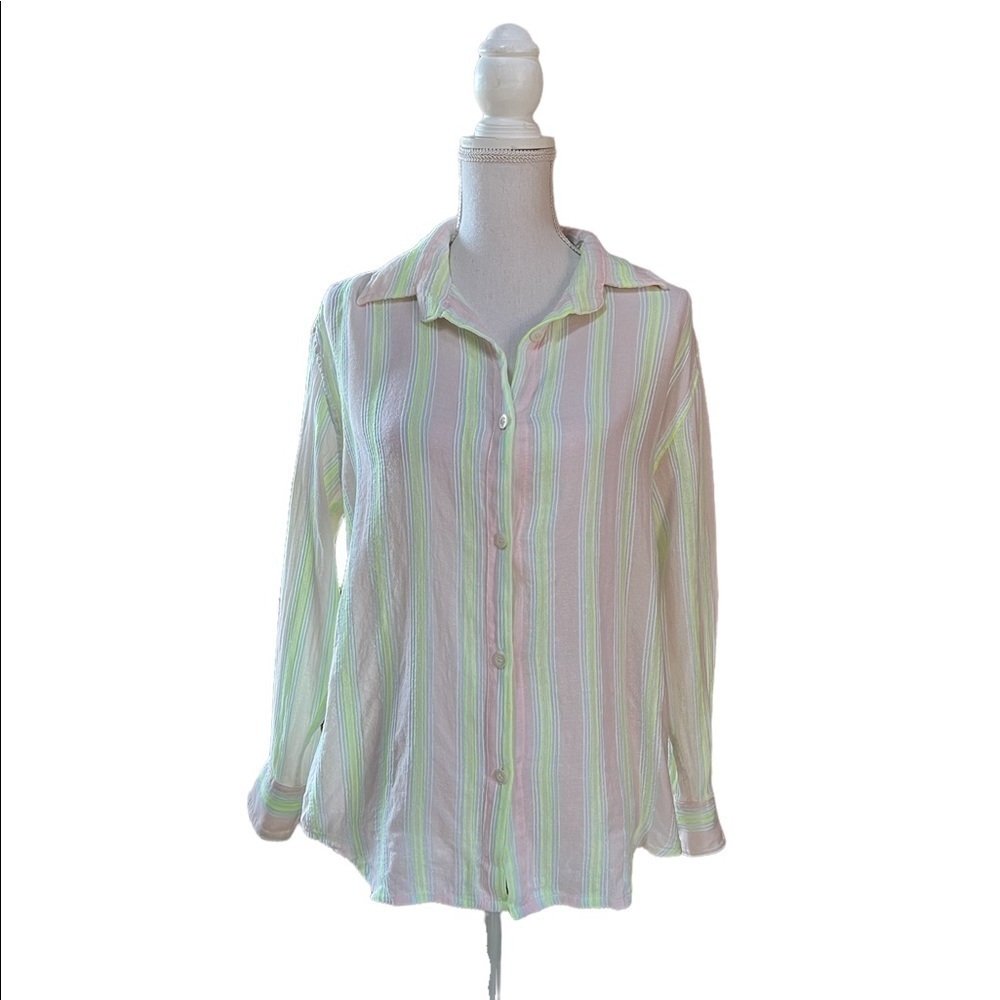 LEMLEM WOMENS LONG SLEEVE STRIPED BLUSH/YELLOW BLOUSE ESTIMATED SIZE LARGE